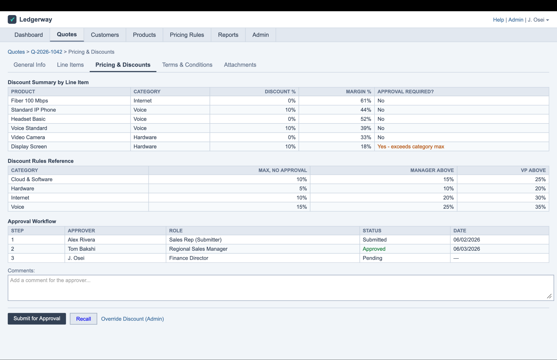 Pricing & discount approval · rules, thresholds, and a multi-step approver chain.