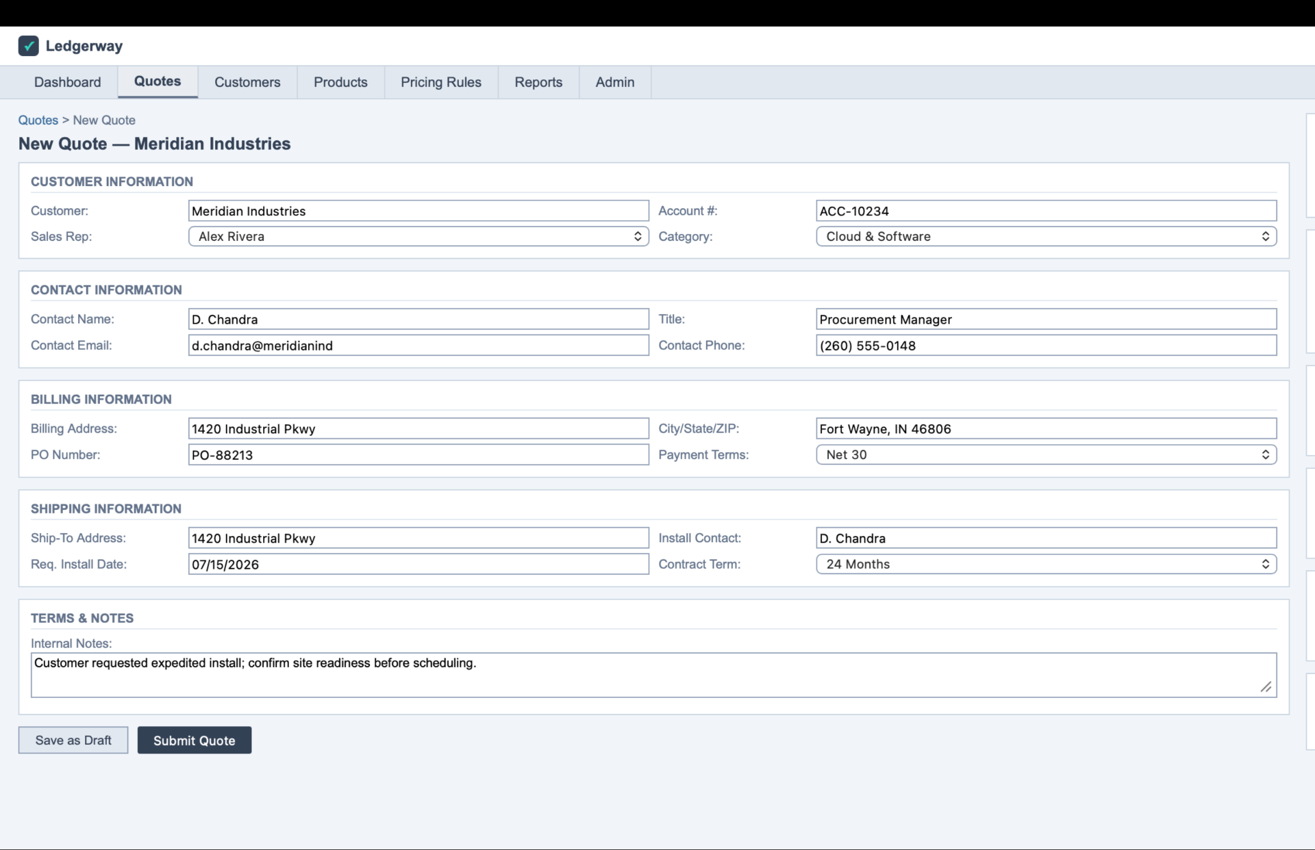 New quote · customer, contact, billing, shipping, and terms all on one long form before a single line item is added.