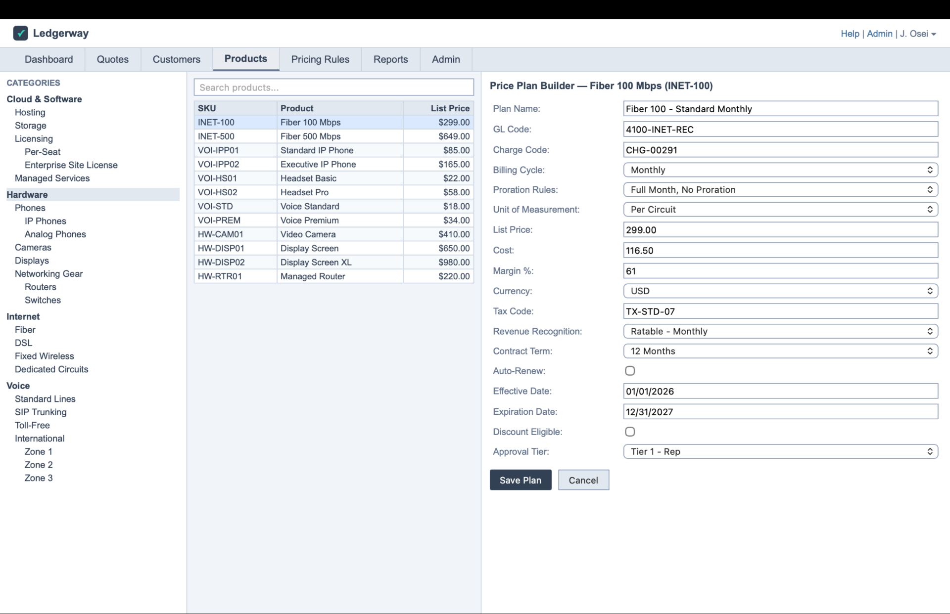 Product catalogue with the price plan builder open on the right.