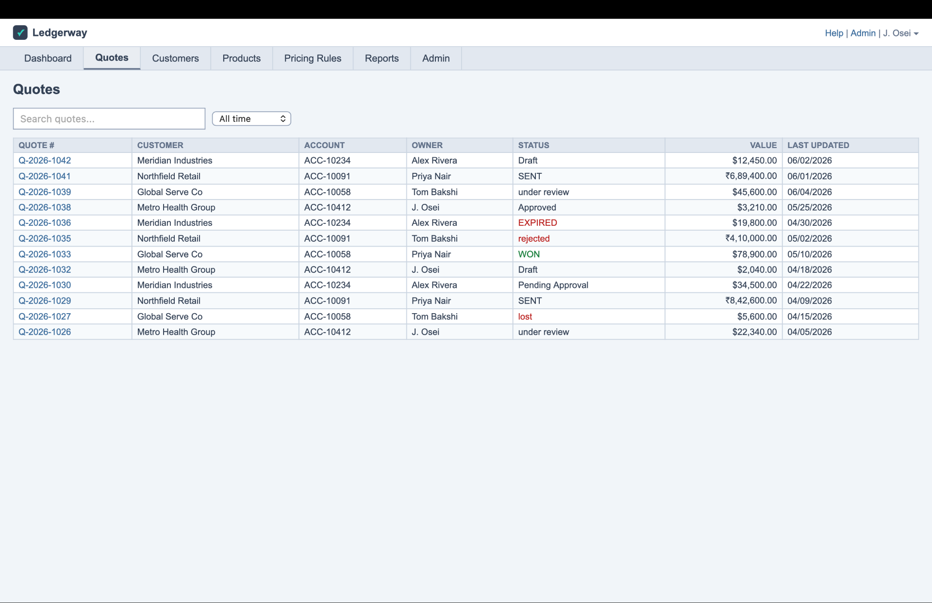 Quotes list · the plain index behind the dashboard, same everyone-sees-everything problem.