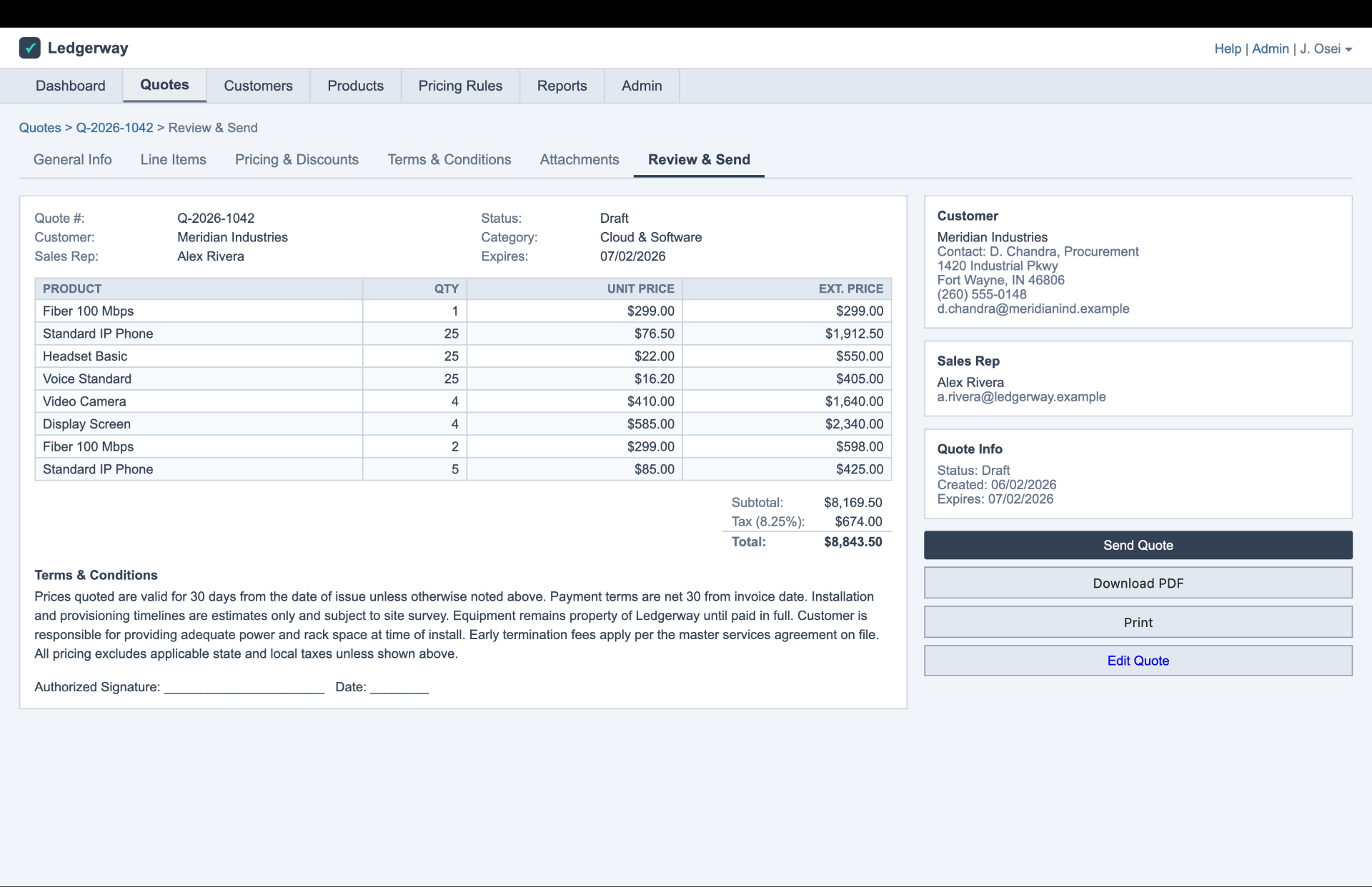 Quote review & send · the final tab before a PDF went out.