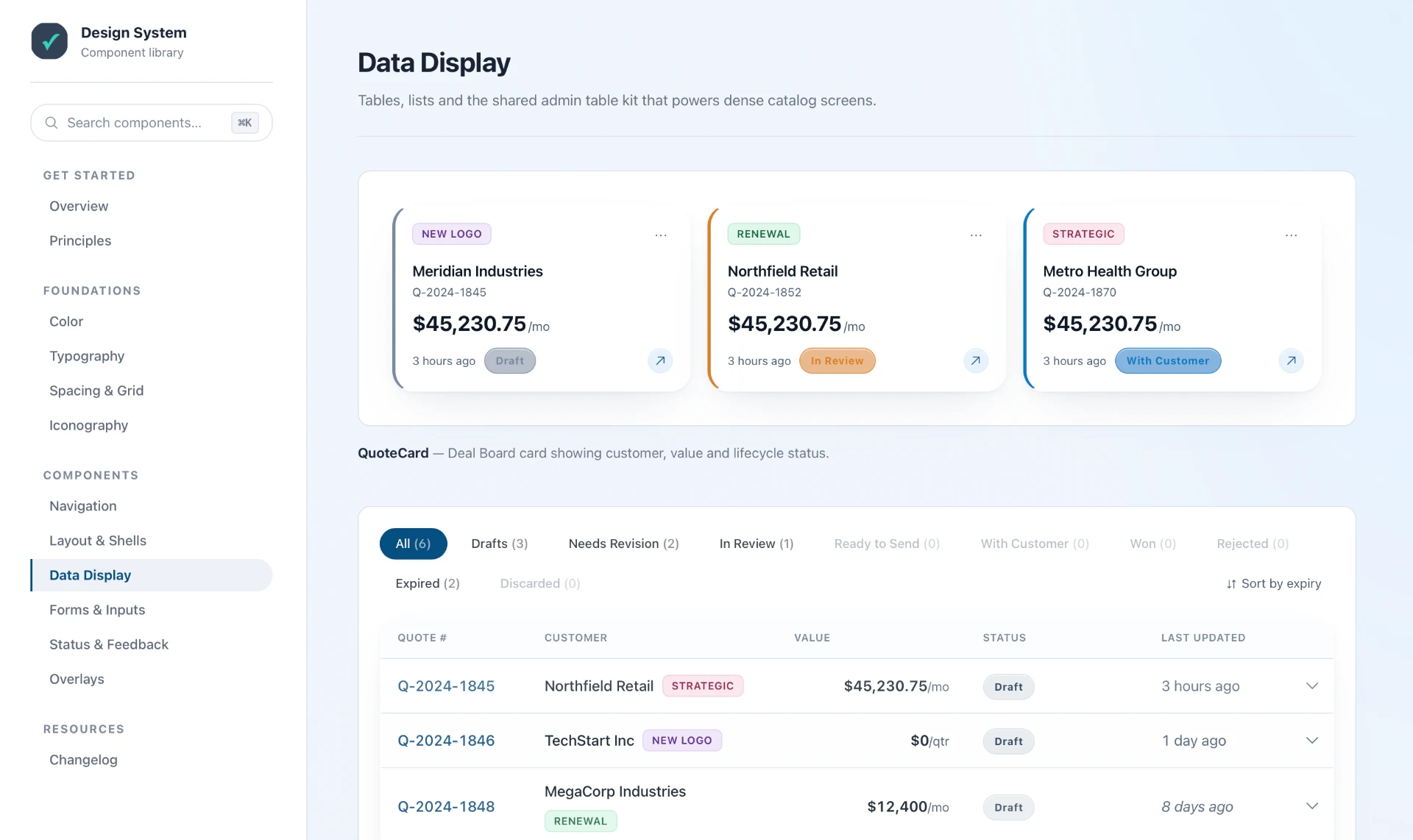 Component library in use: QuoteCard and admin table kit from the shared design system.