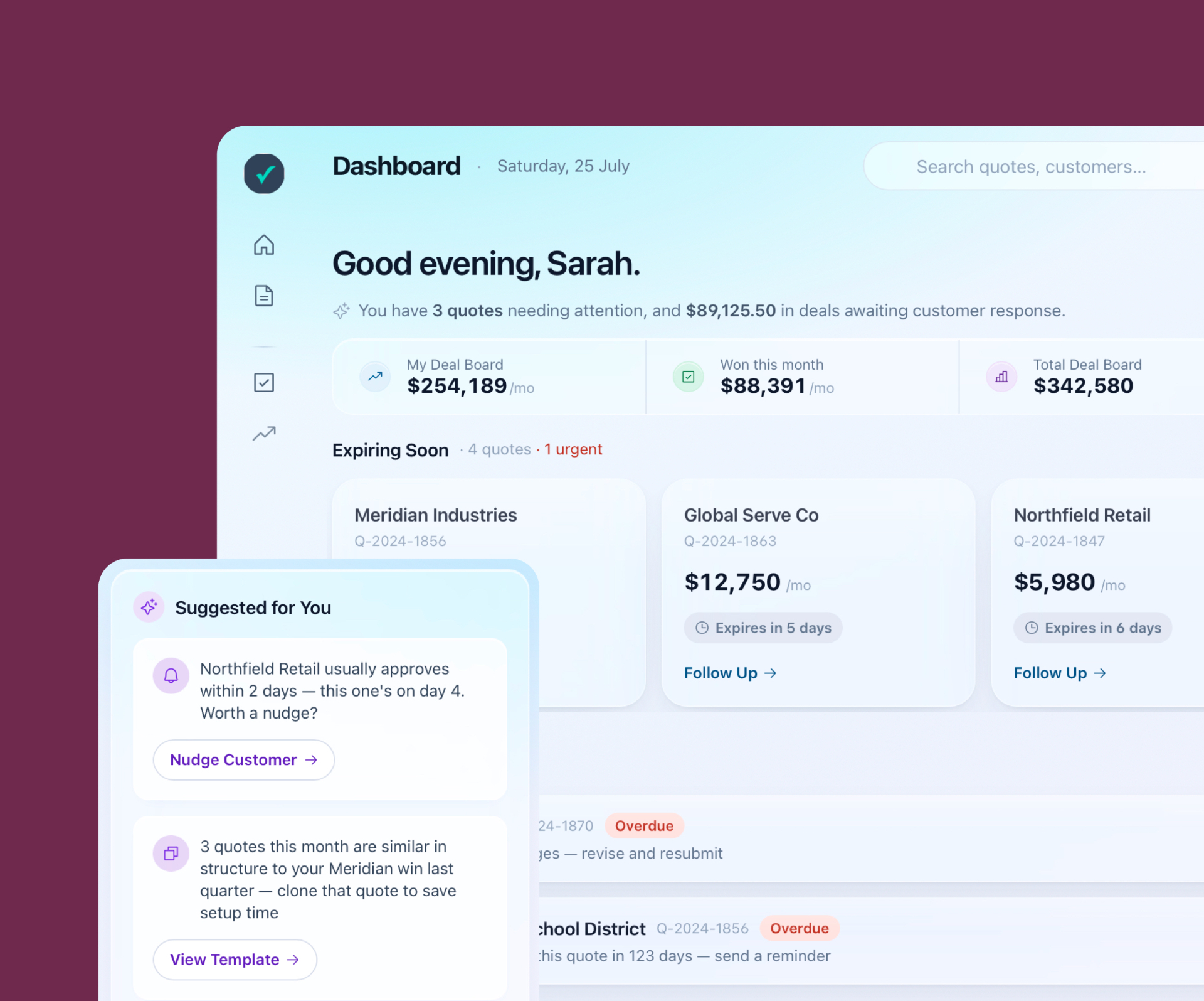 Redesigned Ledgerway dashboard showing pipeline, deals needing attention, and active quotes.