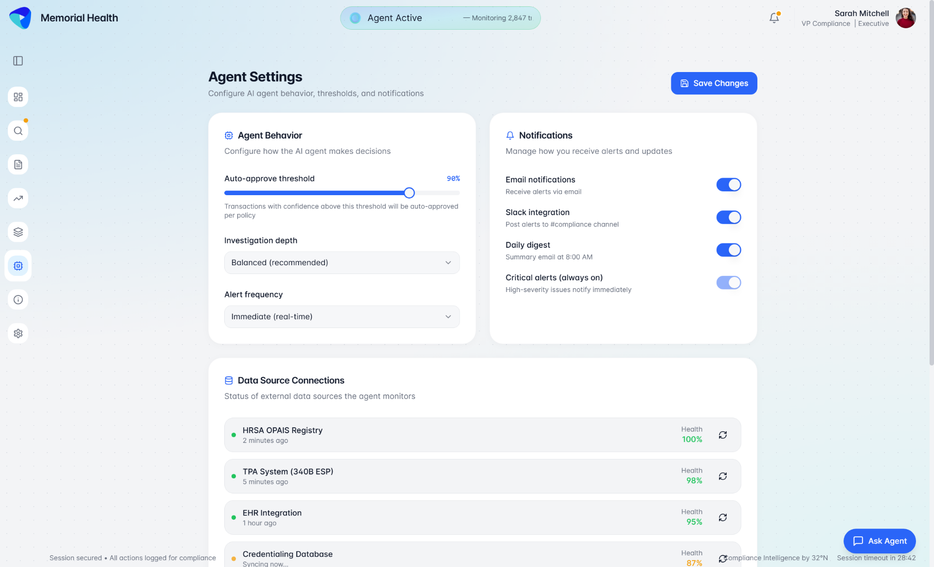 Agent Settings - Configure AI agent behavior and notifications