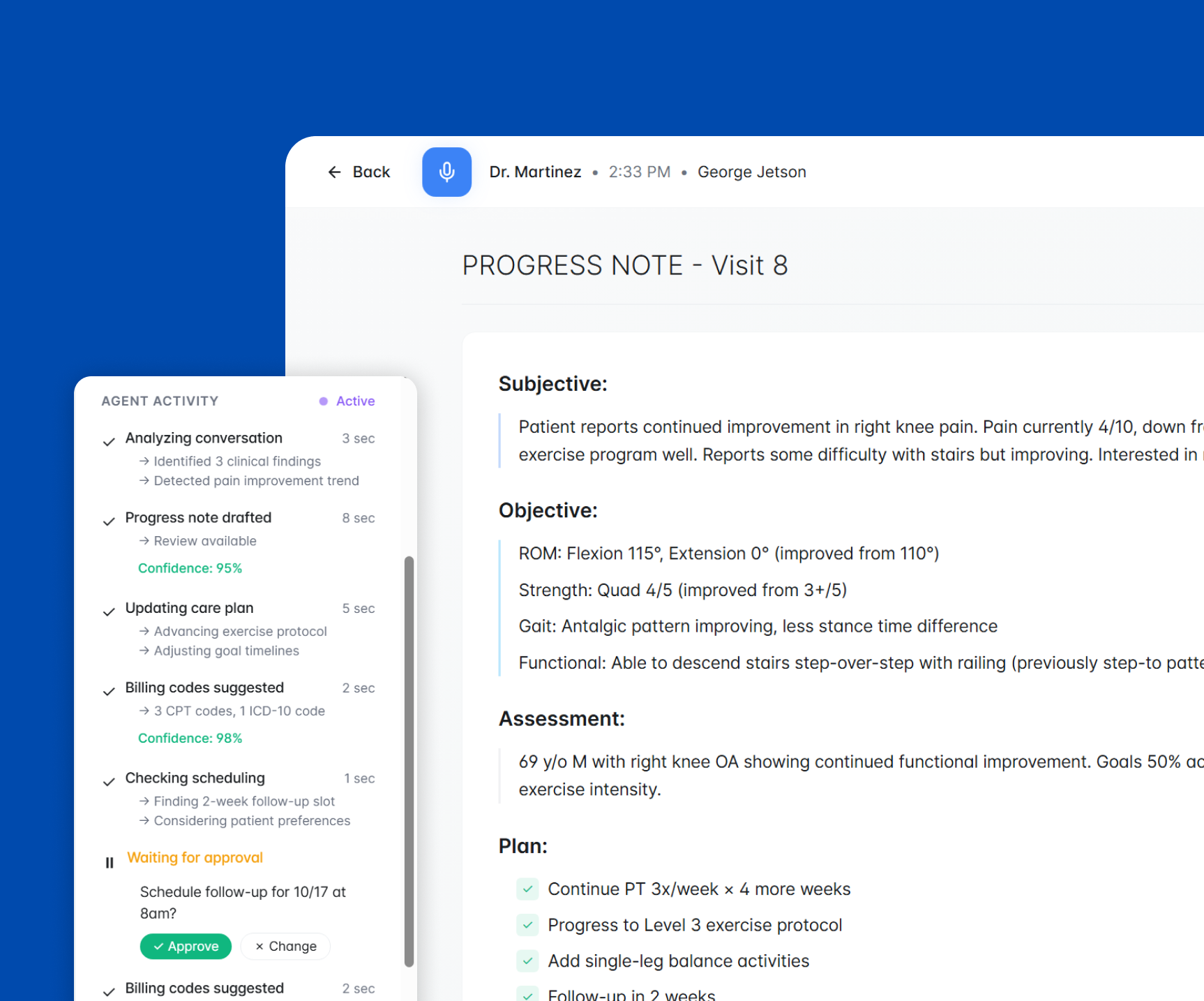 Voice-controlled agentic EMR interface showing clinical workflow automation