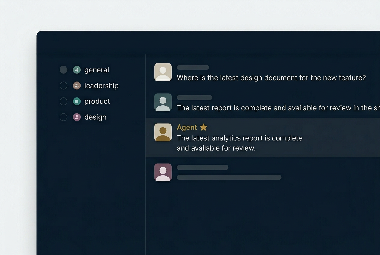 Slack interface with the custom agent active in a leadership channel