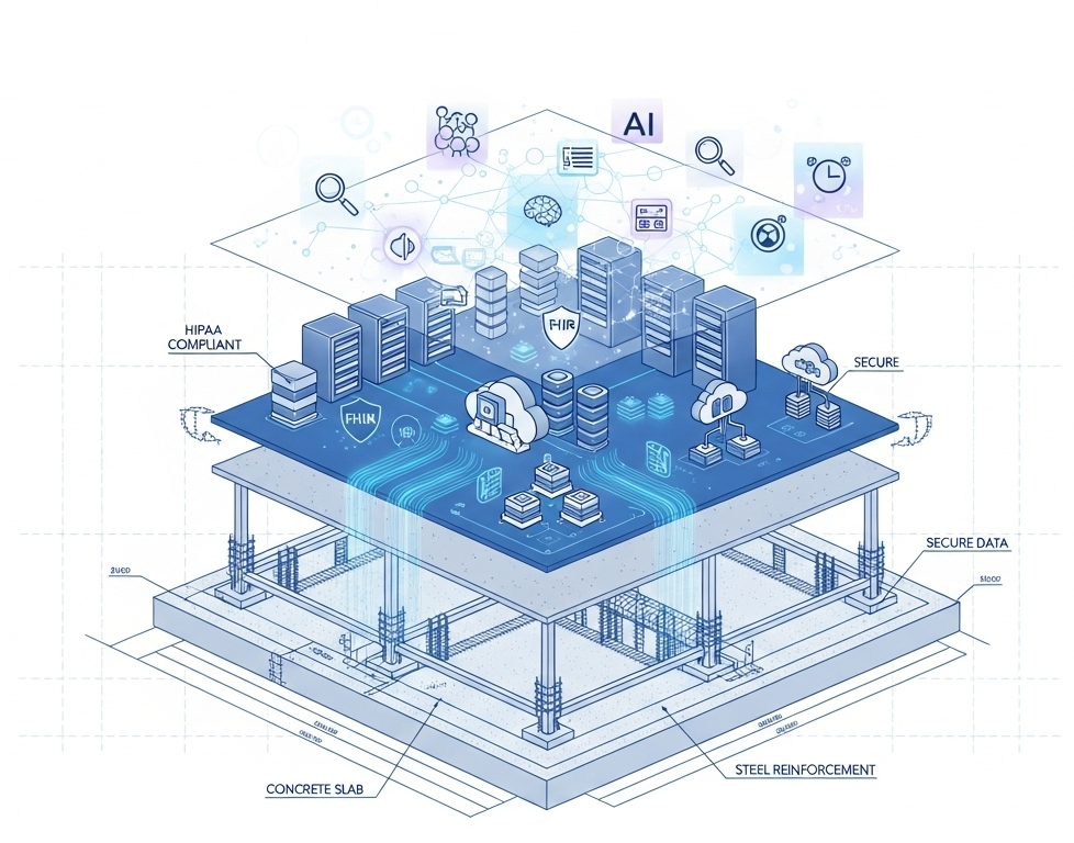 AI-powered healthcare infrastructure with HIPAA compliance, FHIR, secure data, and advanced technology layers