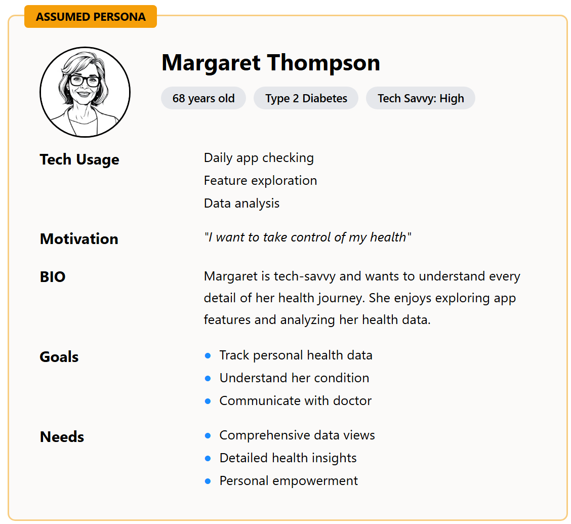 Assumed persona - Margaret Thompson, 68 years old with Type 2 Diabetes, tech savvy patient who wants to take control of her health
