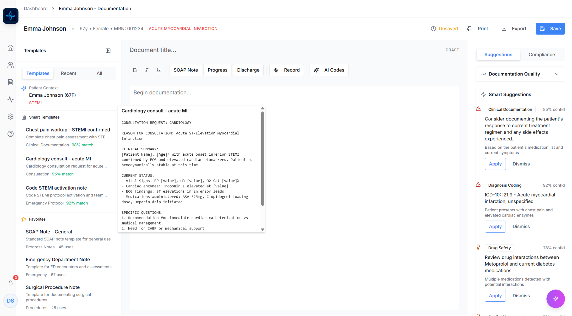 Documentation interface with smart templates