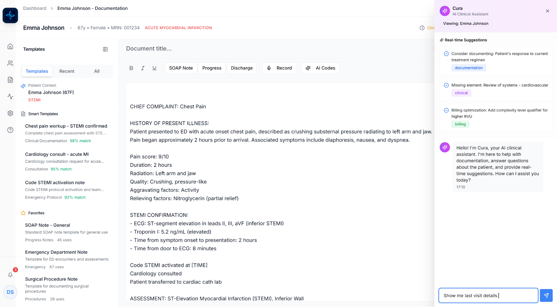 Cura AI clinical assistant providing real-time suggestions