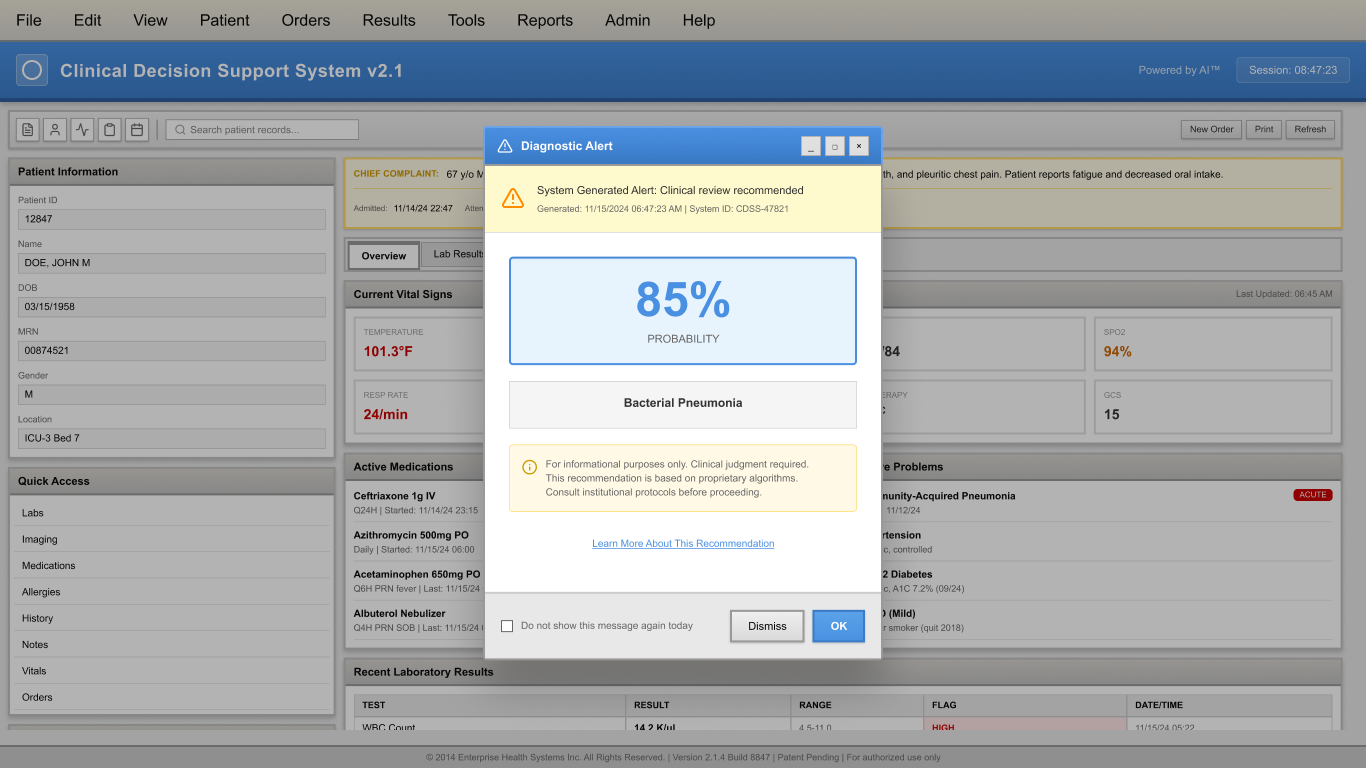 Screenshot of original AI interface showing only 85% probability of bacterial pneumonia with no supporting reasoning