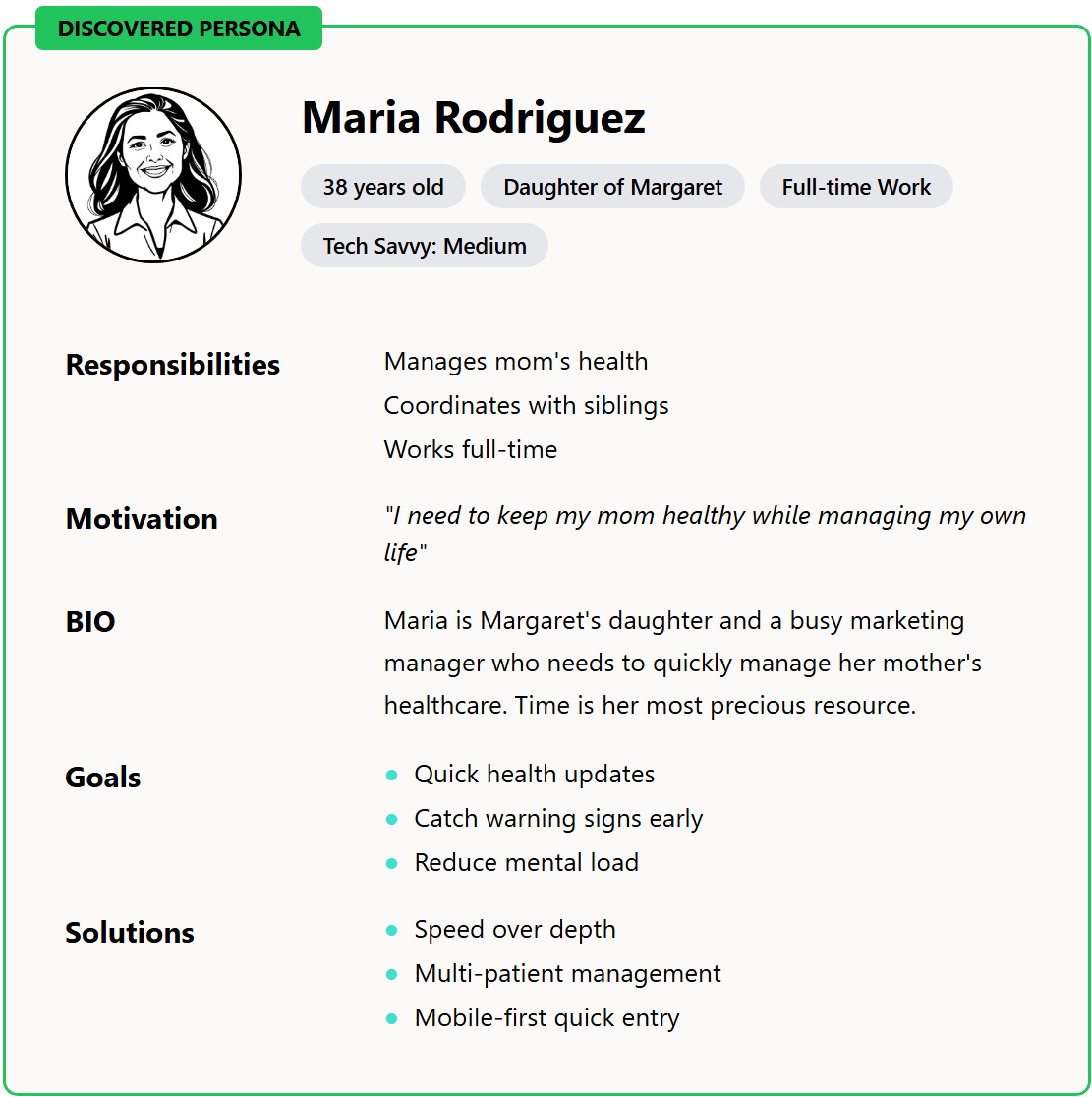 Discovered persona - Maria Rodriguez, 38 years old daughter of Margaret, full-time working caregiver managing her mother's healthcare
