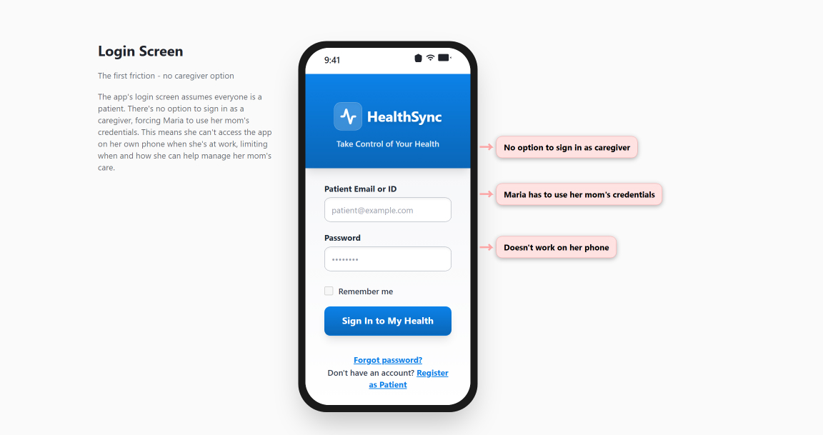 Login Screen - The first friction point with no caregiver option, forcing use of patient credentials