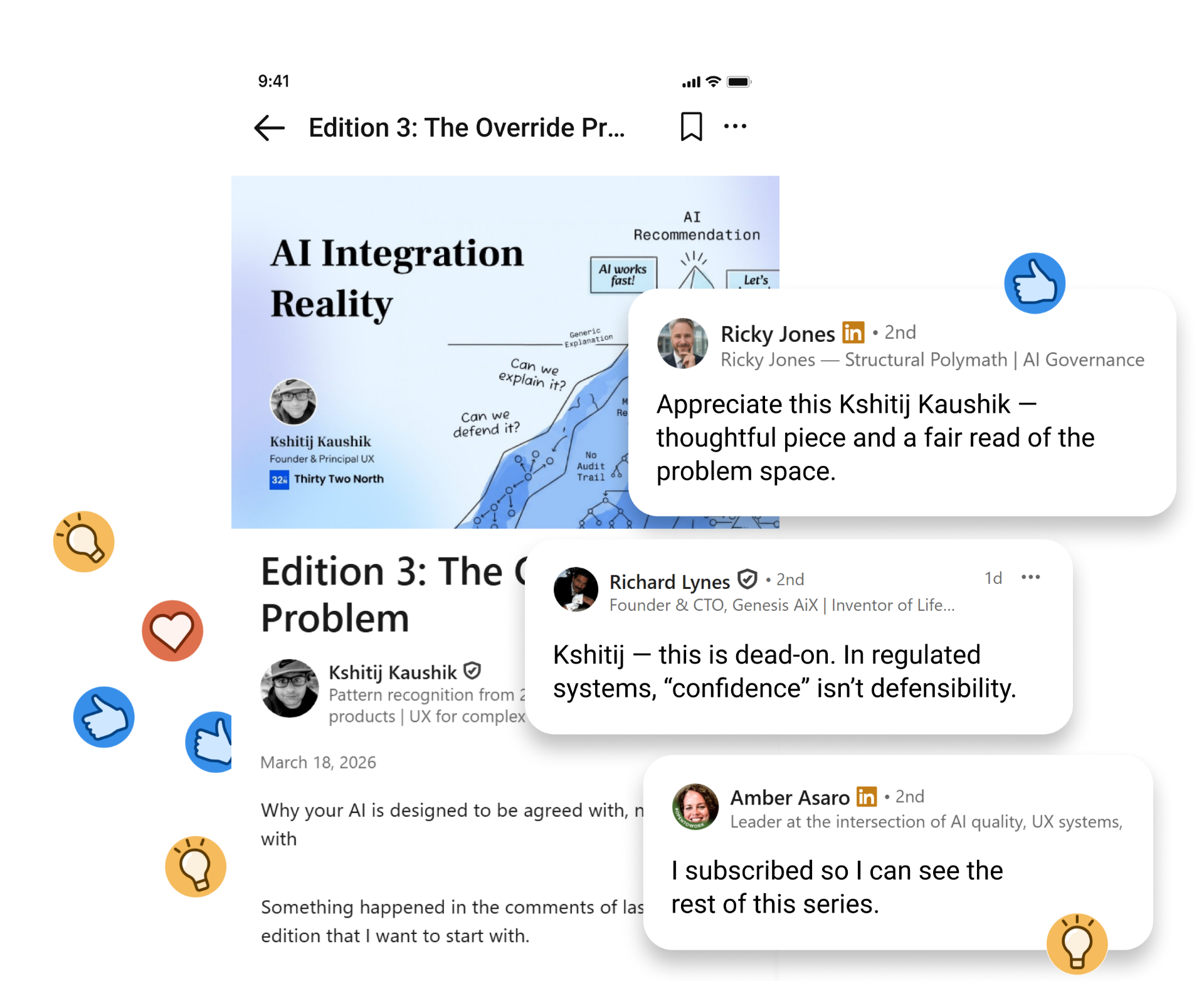 LinkedIn reactions and comments from AI governance, CTO, and UX leadership readers engaging with the newsletter series