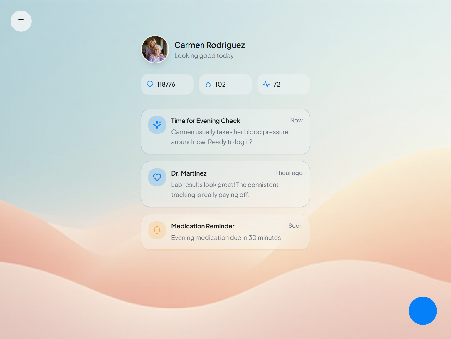 HealthSync app home screen showing Carmen Rodriguez's health dashboard