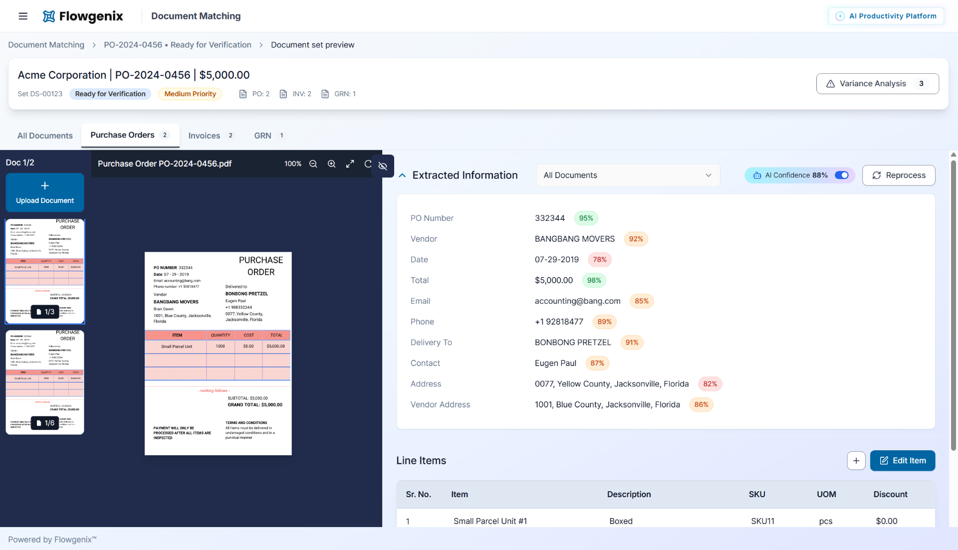 Error state interface showing variance detection and categorization